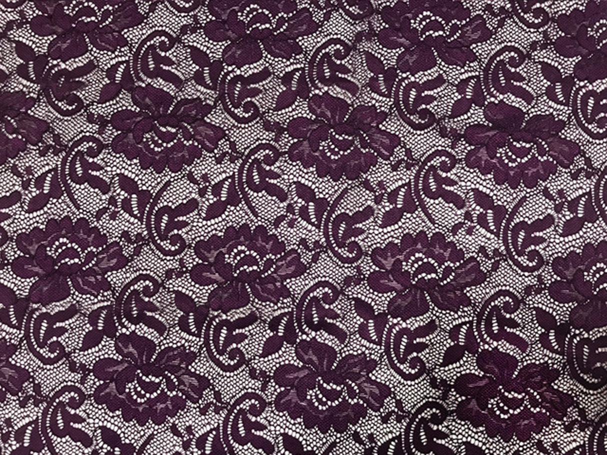 El. krajka Flower, Plum, š. 165 cm,  95% PA, 5% LY